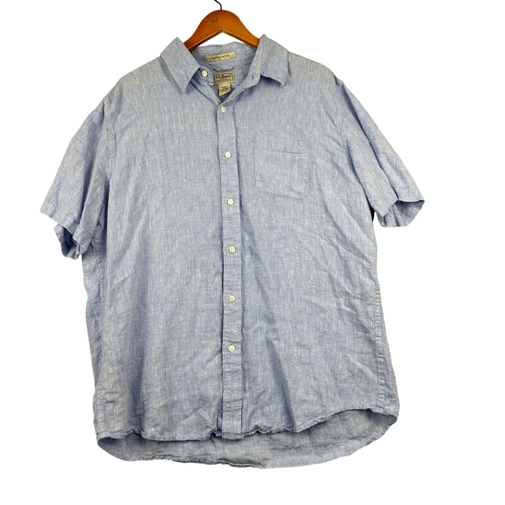 L.L. Bean 100% Linen Shirt Mens L Blue Short Sleeve Button Up Slightly Fitted